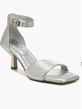 Franco Sarto Silver Metallic Ankle-Strap Kitten Heel Sandals